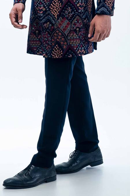 Buy_Kommal Sood_Blue Velvet Embroidery Floral Flower Thread Sherwani With Trouser  _Online_at_Aza_Fashions