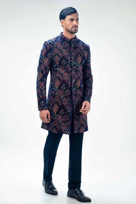 Shop_Kommal Sood_Blue Velvet Embroidery Floral Flower Thread Sherwani With Trouser  _Online_at_Aza_Fashions