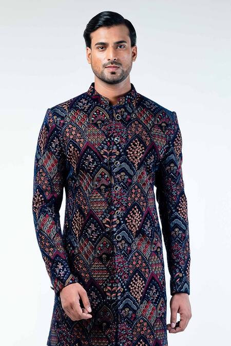 Kommal Sood_Blue Velvet Embroidery Floral Flower Thread Sherwani With Trouser  _at_Aza_Fashions