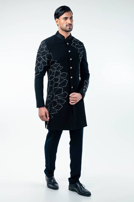 Kommal Sood_Black Cupro Embroidery Resham Sherwani With Trouser  _Online_at_Aza_Fashions