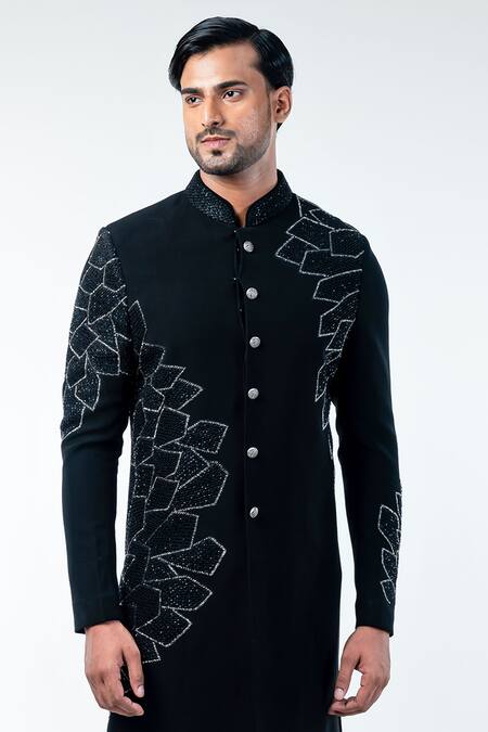 Buy_Kommal Sood_Black Cupro Embroidery Resham Sherwani With Trouser  _Online_at_Aza_Fashions
