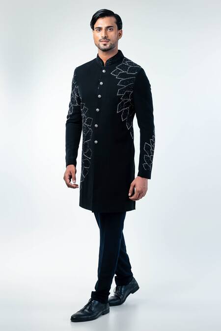 Shop_Kommal Sood_Black Cupro Embroidery Resham Sherwani With Trouser  _Online_at_Aza_Fashions