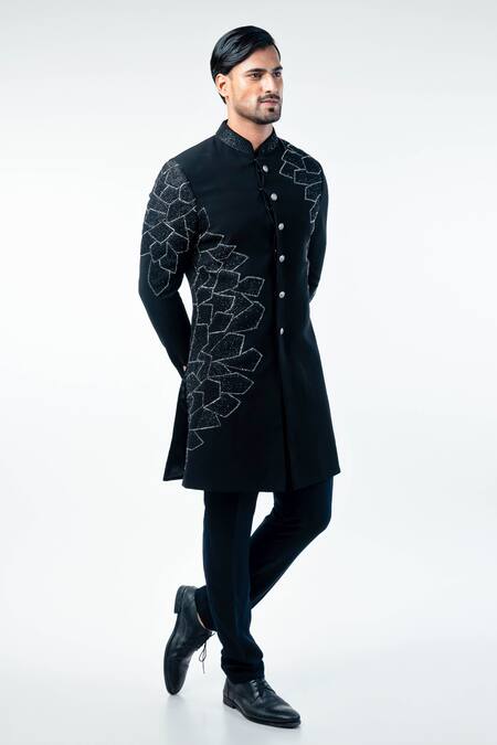 Kommal Sood_Black Cupro Embroidery Resham Sherwani With Trouser  _at_Aza_Fashions