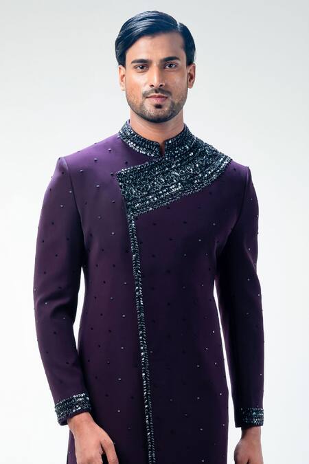 Kommal Sood_Purple Cupro Embroidery Sequins Hand Sherwani With Trouser  _Online_at_Aza_Fashions