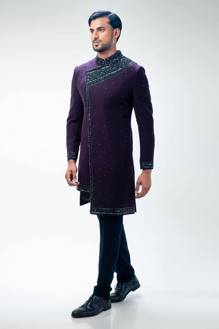 Shop_Kommal Sood_Purple Cupro Embroidery Sequins Hand Sherwani With Trouser  _Online_at_Aza_Fashions
