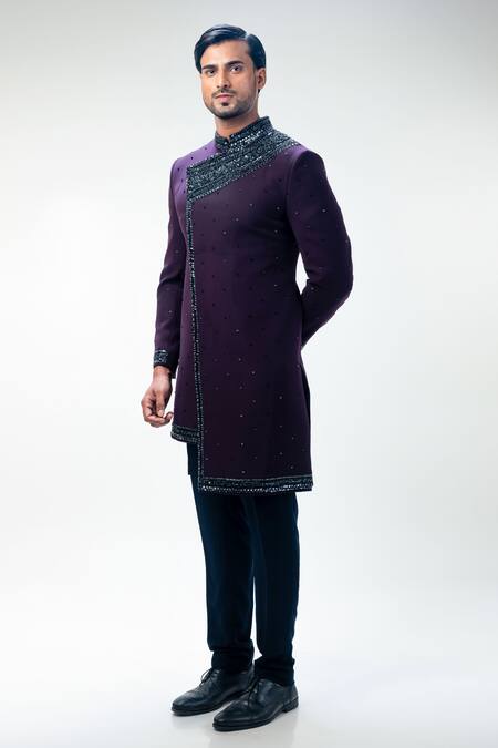 Kommal Sood_Purple Cupro Embroidery Sequins Hand Sherwani With Trouser  _at_Aza_Fashions