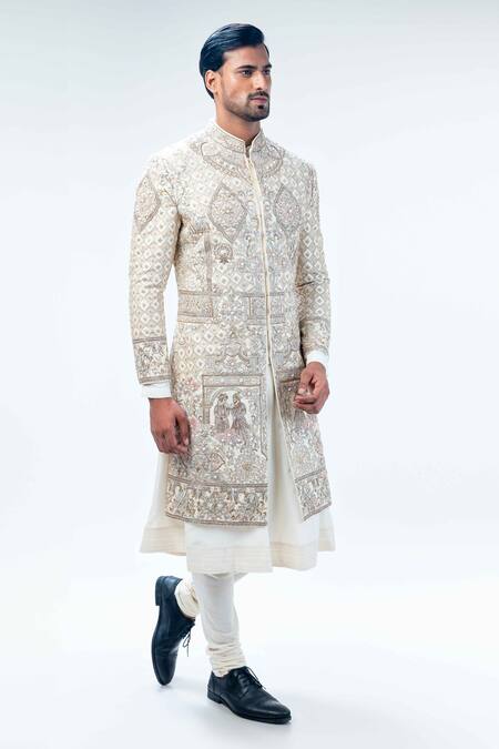 Kommal Sood_Off White Raw Silk Embroidery Floral And King Sherwani Churidar Set  _at_Aza_Fashions