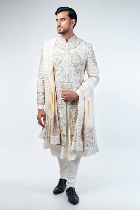 Shop_Kommal Sood_Off White Raw Silk Embroidery Floral And King Sherwani Set  _Online_at_Aza_Fashions