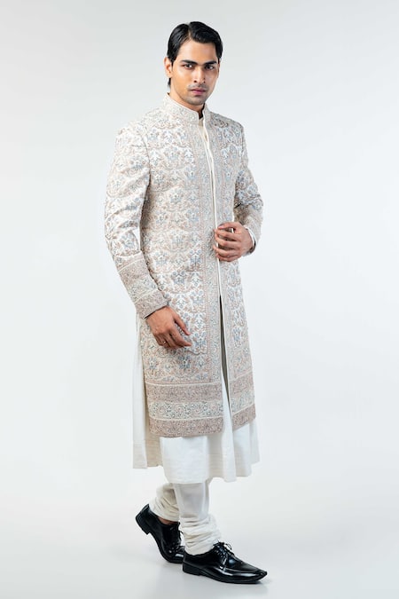 Buy_Kommal Sood_Off White Dupion Silk Flower Bloom Hand Sherwani Churidar Set  