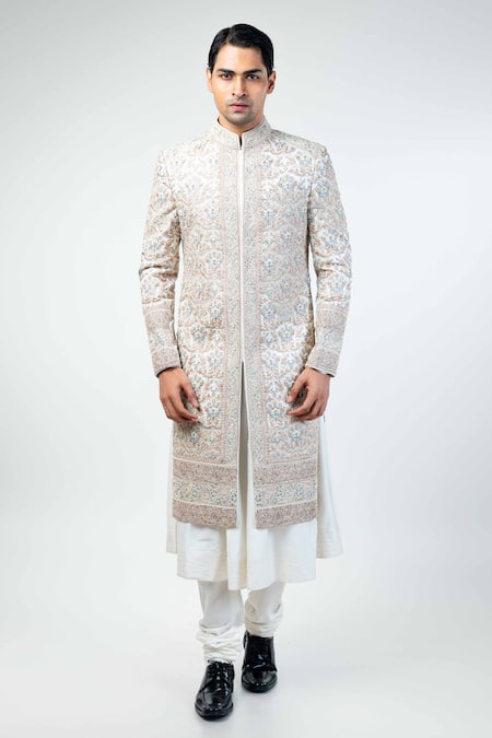 Shop_Kommal Sood_Off White Dupion Silk Flower Bloom Hand Sherwani Churidar Set  
