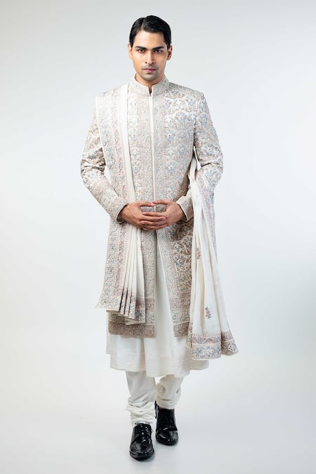 Buy_Kommal Sood_Off White Dupion Silk Embroidery Floral Flower Bloom Hand Sherwani Set  