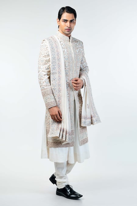 Shop_Kommal Sood_Off White Dupion Silk Embroidery Floral Flower Bloom Hand Sherwani Set  