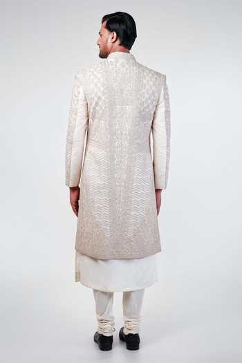Shop Kommal Sood Off White Raw Silk Embroidery Floral Sherwani Churidar Set Online at Aza Fashions Shop_Kommal Sood_Off White Raw Silk Embroidery Floral Sherwani Churidar Set _Online_at_Aza_Fashions