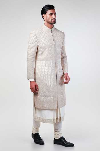 Buy Kommal Sood Off White Raw Silk Embroidery Floral Sherwani Churidar Set Buy_Kommal Sood_Off White Raw Silk Embroidery Floral Sherwani Churidar Set