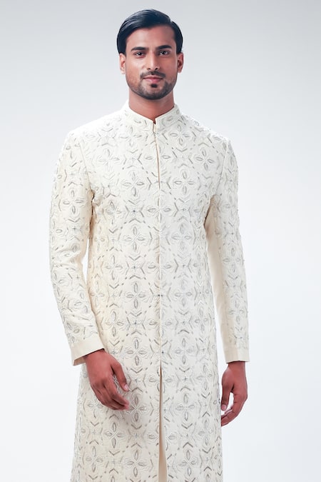 Kommal Sood_Off White Dupion Silk Embroidery Flower Floral Sherwani Churidar Set  _Online_at_Aza_Fashions