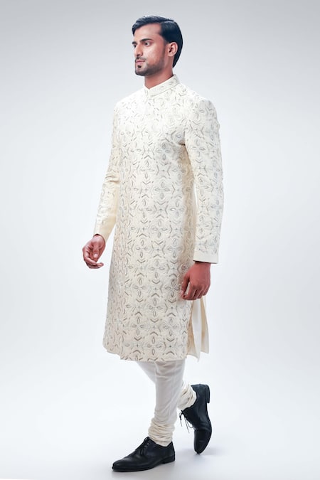 Buy_Kommal Sood_Off White Dupion Silk Embroidery Flower Floral Sherwani Churidar Set  _Online_at_Aza_Fashions
