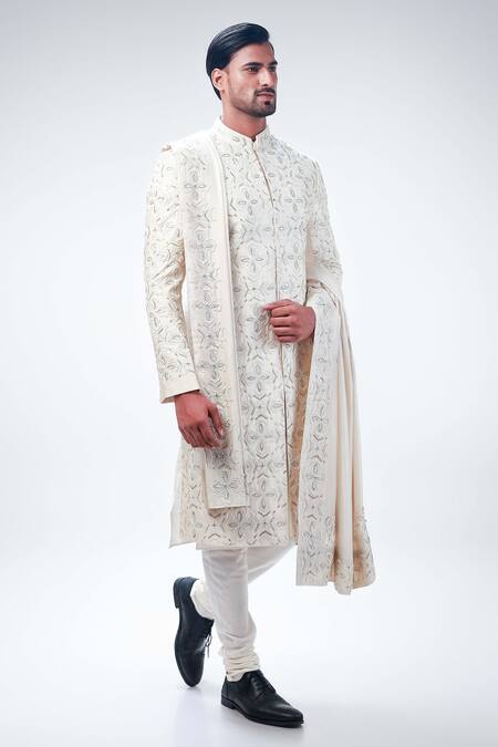 Buy_Kommal Sood_Off White Dupion Silk Embroidery Flower Butti Floral Sherwani Set  _Online_at_Aza_Fashions