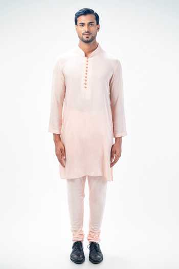 Buy_Kommal Sood_Pink Cotton Silk Plain Full Sleeve Kurta With Churidar _Online_at_Aza_Fashions