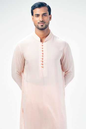 Shop_Kommal Sood_Pink Cotton Silk Plain Full Sleeve Kurta With Churidar _Online_at_Aza_Fashions