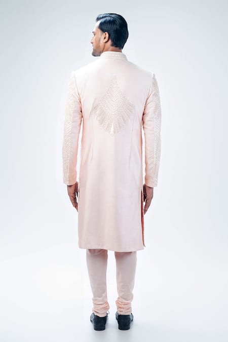 Shop Kommal Sood Pink Cotton Silk Embroidery Geometric Mandala Sherwani Churidar Set at Aza Fashions Shop_Kommal Sood_Pink Cotton Silk Embroidery Geometric Mandala Sherwani Churidar Set _at_Aza_Fashions