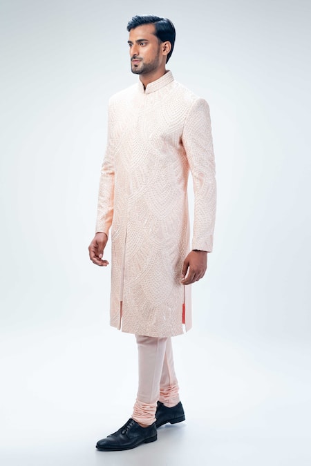 Kommal Sood Pink Cotton Silk Embroidery Geometric Mandala Sherwani Churidar Set Online at Aza Fashions Kommal Sood_Pink Cotton Silk Embroidery Geometric Mandala Sherwani Churidar Set _Online_at_Aza_Fashions