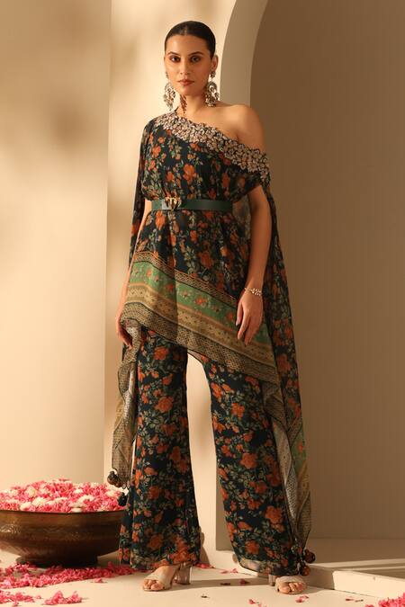 Dusala Blue Georgette Cut Work Off-shoulder Jesha Embroidered Asymmetric Tunic Pant Set