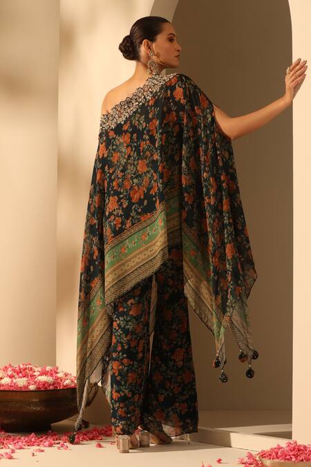 Shop_Dusala_Blue Georgette Cut Work Off-shoulder Jesha Embroidered Asymmetric Tunic Pant Set_at_Aza_Fashions