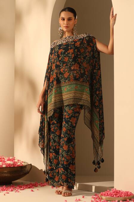 Buy_Dusala_Blue Georgette Cut Work Off-shoulder Jesha Embroidered Asymmetric Tunic Pant Set_Online_at_Aza_Fashions