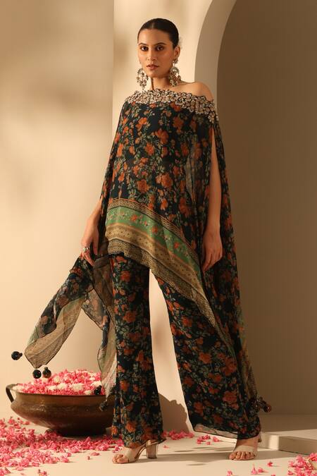 Shop_Dusala_Blue Georgette Cut Work Off-shoulder Jesha Embroidered Asymmetric Tunic Pant Set_Online_at_Aza_Fashions