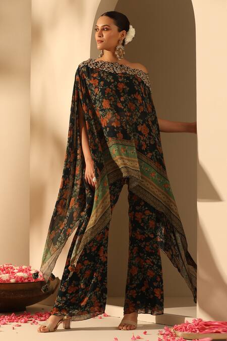 Dusala_Blue Georgette Cut Work Off-shoulder Jesha Embroidered Asymmetric Tunic Pant Set_at_Aza_Fashions