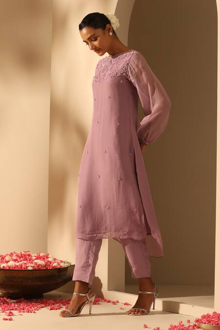 Shop Dusala Purple Organza Crystals, Pearls Round Rootu Foliage Embroidered Kurta With Pant at Aza Fashions Shop_Dusala_Purple Organza Crystals, Pearls Round Rootu Foliage Embroidered Kurta With Pant_at_Aza_Fashions