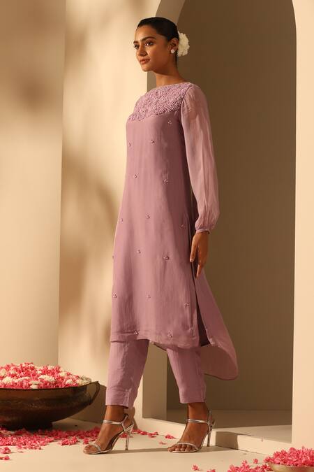Buy Dusala Purple Organza Crystals, Pearls Round Rootu Foliage Embroidered Kurta With Pant Online at Aza Fashions Buy_Dusala_Purple Organza Crystals, Pearls Round Rootu Foliage Embroidered Kurta With Pant_Online_at_Aza_Fashions