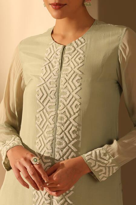 Shop_Dusala_Green Organza Pearls, Embroidery Round Neck Saadgi Tunic With Pant_Online_at_Aza_Fashions
