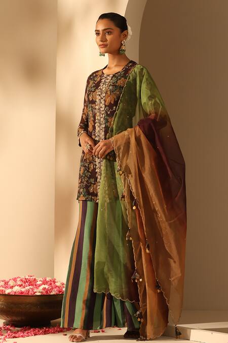 Dusala_Black Georgette Zari, Embroidery Round Neck Floral Print Kurta Sharara Set _Online_at_Aza_Fashions