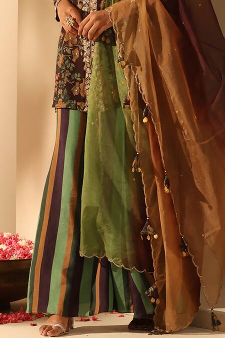 Buy_Dusala_Black Georgette Zari, Embroidery Round Neck Floral Print Kurta Sharara Set _Online_at_Aza_Fashions