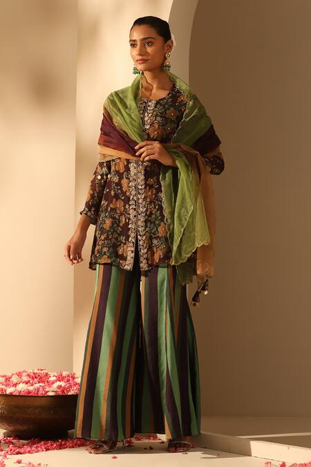 Shop_Dusala_Black Georgette Zari, Embroidery Round Neck Floral Print Kurta Sharara Set _Online_at_Aza_Fashions