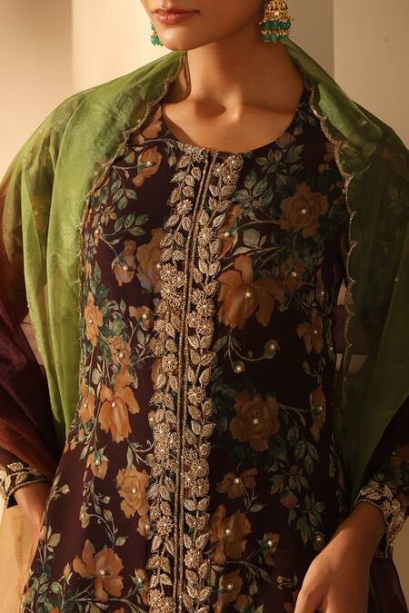 Dusala_Black Georgette Zari, Embroidery Round Neck Floral Print Kurta Sharara Set _at_Aza_Fashions