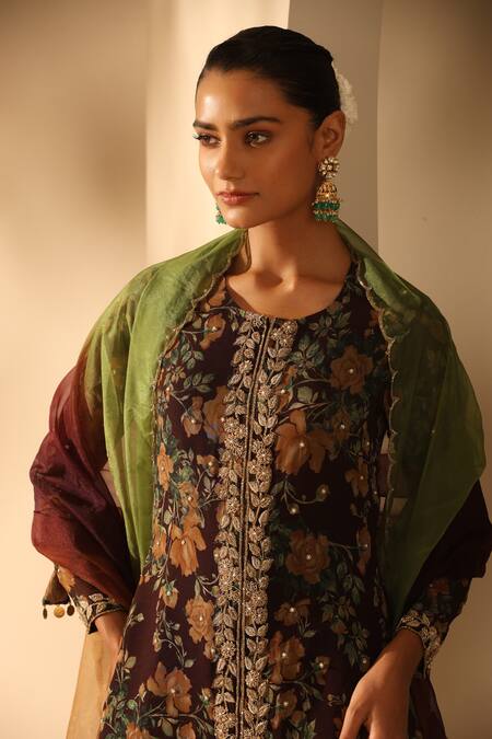 Buy_Dusala_Black Georgette Zari, Embroidery Round Neck Floral Print Kurta Sharara Set 