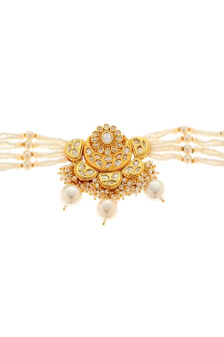 Minaki_White Pearls, Diamonds Floral Kundan Studded Choker Set_Online_at_Aza_Fashions