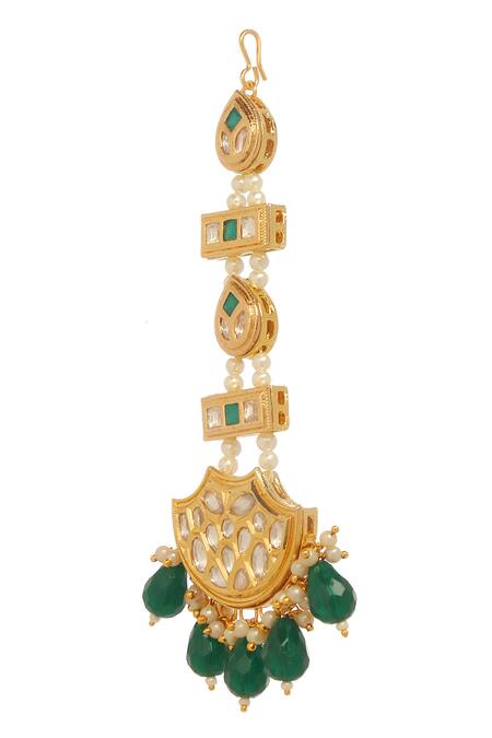 Minaki_Green Kundan Bead Drop Maangtikka _Online_at_Aza_Fashions
