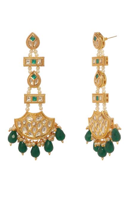 Minaki_Green Beads, Pearls, Diamonds Embellished Long Earrings _Online_at_Aza_Fashions