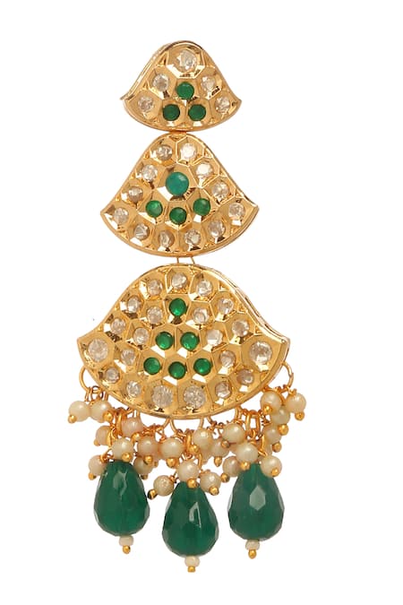 Minaki_Green Beads, Stones Embellished Long Earrings _Online_at_Aza_Fashions