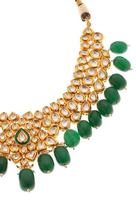 Minaki_Green Beads, Metallic Thread Embellished Necklace Set _Online_at_Aza_Fashions