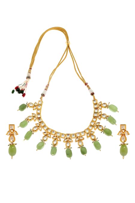 Shop_Minaki_Green Beads, Diamonds Embellished Choker Necklace Set _at_Aza_Fashions