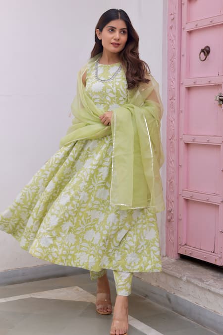 ASRUMO_Green Cotton Gota Patti, Embroidery Round Neck Floral Jaal Print Anarkali Set _Online_at_Aza_Fashions