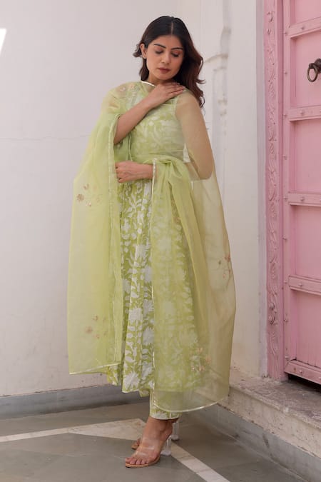 Shop_ASRUMO_Green Cotton Gota Patti, Embroidery Round Neck Floral Jaal Print Anarkali Set _Online_at_Aza_Fashions
