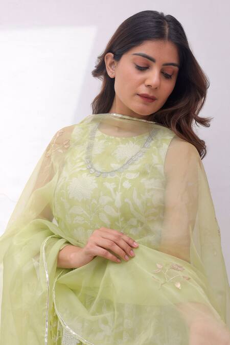 ASRUMO_Green Cotton Gota Patti, Embroidery Round Neck Floral Jaal Print Anarkali Set _at_Aza_Fashions