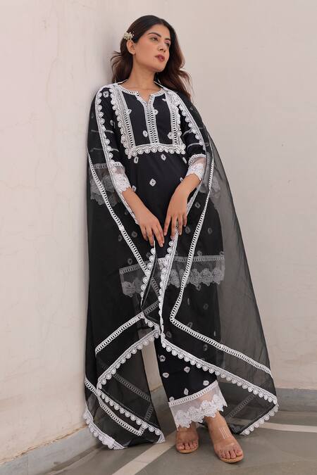 Buy ASRUMO Black Cotton Lace Mandarin Collar Tie Dye Straight Kurta Set Online at Aza Fashions Buy_ASRUMO_Black Cotton Lace Mandarin Collar Tie Dye Straight Kurta Set_Online_at_Aza_Fashions