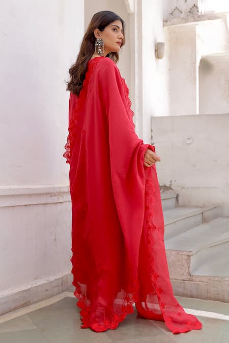Shop ASRUMO Red Viscose, Organza Embroidery Boat Neck Aari Kurta Pant Set at Aza Fashions Shop_ASRUMO_Red Viscose, Organza Embroidery Boat Neck Aari Kurta Pant Set _at_Aza_Fashions