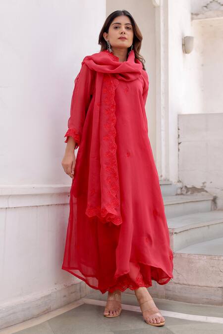Shop ASRUMO Red Viscose, Organza Embroidery Boat Neck Aari Kurta Pant Set Online at Aza Fashions Shop_ASRUMO_Red Viscose, Organza Embroidery Boat Neck Aari Kurta Pant Set _Online_at_Aza_Fashions
